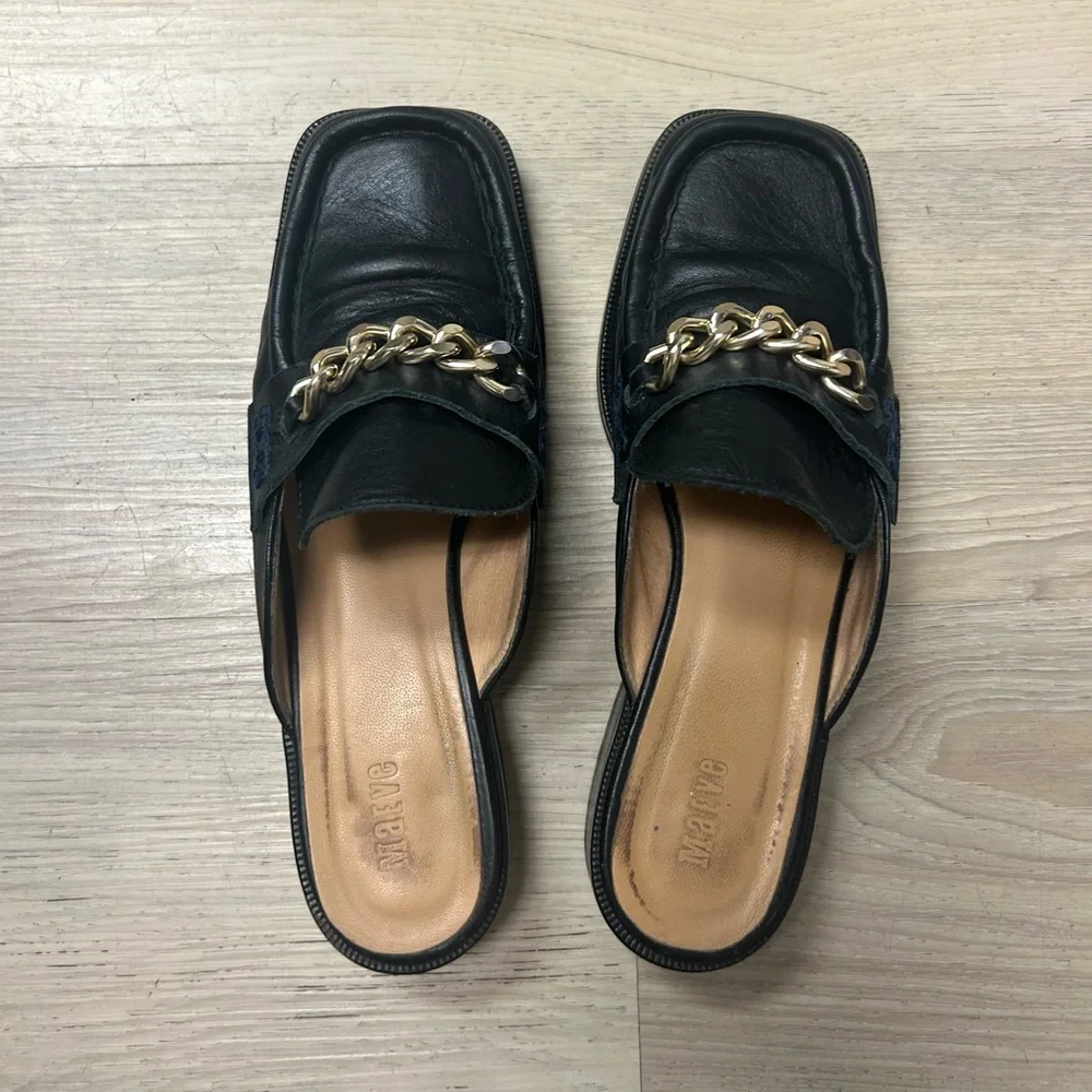 Anthropologie Maeve Shoes Loafers Black Leather Flats Gold Chain Women 37 US 6.5
